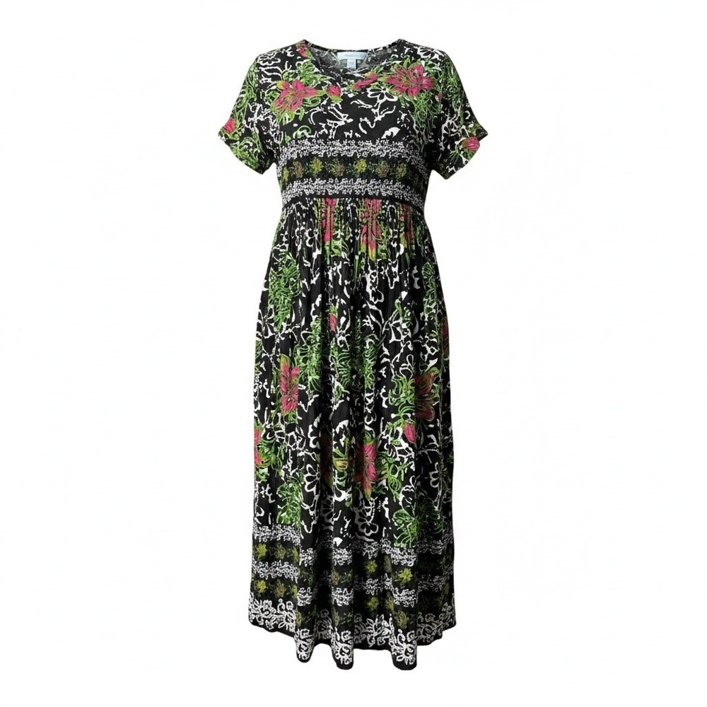 Only Necessities Floral Midi Dress Womens 1X 22/24 Black Pink Green Excellent